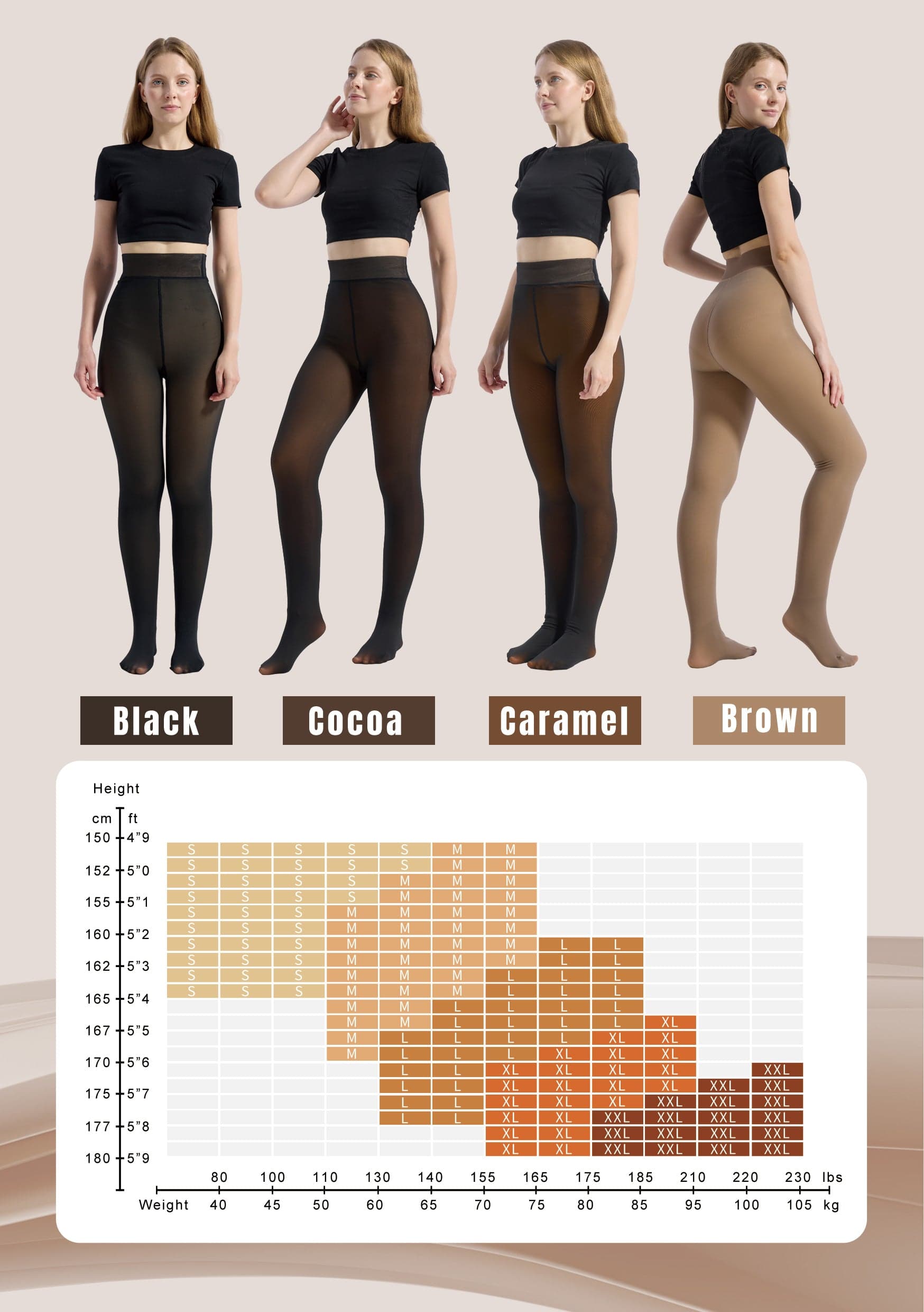 Four color options for SleekCurve fleece lined tights with size guidance chart.