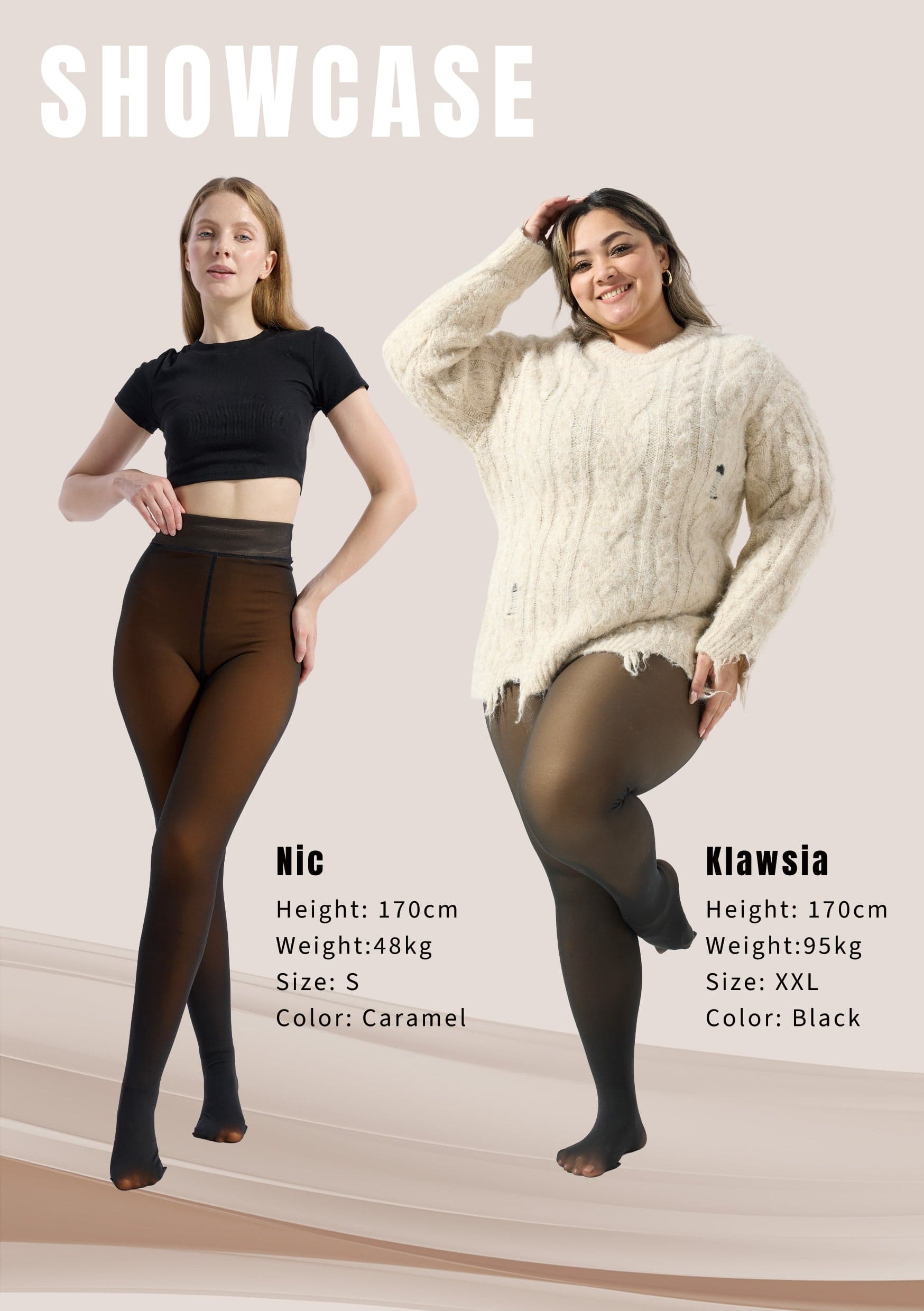Two models showcasing SleekCurve fleece lined tights in different sizes.